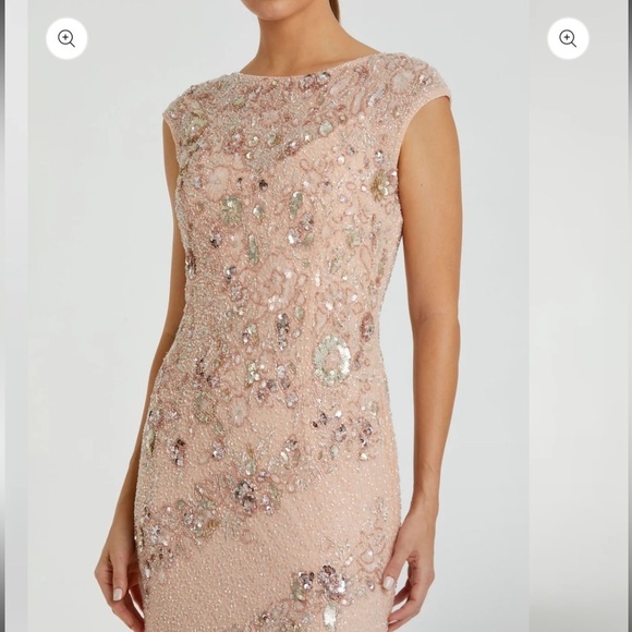 Mac Duggal Nude Silver Bateau Neck Cap Sleeve Floral Beaded Trumpet Gown Size 8 - Picture 6 of 17